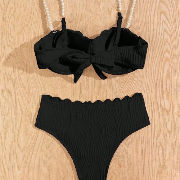 Black Cute Women's Beach Faux Pearl Decorated Shoulder Strap Sexy Bikini Set - Picture 5 of 6